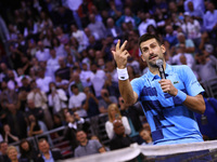 Serbia's Novak Djokovic reacts after his tennis gala match against Bulgaria's Grigor Dimitrov in Sofia, Bulgaria, on September 17, 2024. (