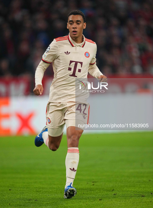 Jamal Musiala of Bayern Munich  looks on  during the Champions League Round 1 match between Bayern Munich v Dinamo Zagreb, at the Allianz Ar...