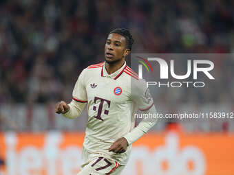 Michael Olise of Bayern Munich  looks on  during the Champions League Round 1 match between Bayern Munich v Dinamo Zagreb, at the Allianz Ar...