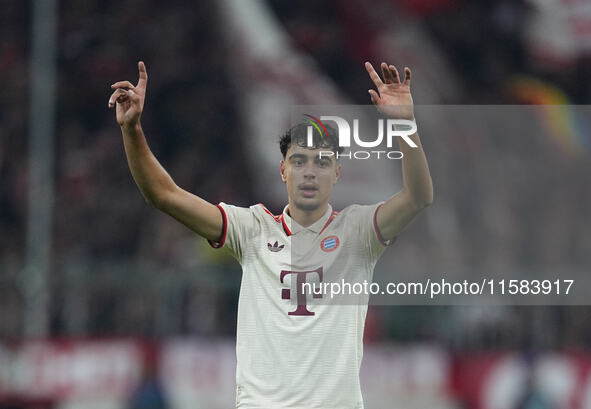 Aleksandar Pavlovic of Bayern Munich  gestures  during the Champions League Round 1 match between Bayern Munich v Dinamo Zagreb, at the Alli...