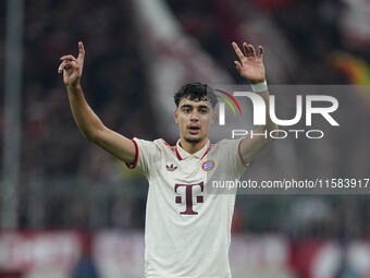 Aleksandar Pavlovic of Bayern Munich  gestures  during the Champions League Round 1 match between Bayern Munich v Dinamo Zagreb, at the Alli...