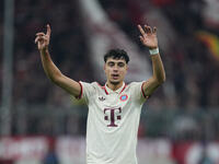 Aleksandar Pavlovic of Bayern Munich  gestures  during the Champions League Round 1 match between Bayern Munich v Dinamo Zagreb, at the Alli...