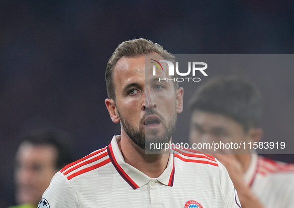 Harry Kane of Bayern Munich  looks on  during the Champions League Round 1 match between Bayern Munich v Dinamo Zagreb, at the Allianz Arena...