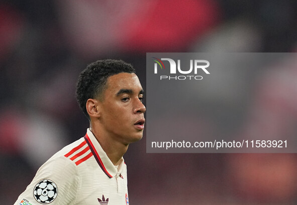 Jamal Musiala of Bayern Munich  looks on  during the Champions League Round 1 match between Bayern Munich v Dinamo Zagreb, at the Allianz Ar...