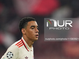 Jamal Musiala of Bayern Munich  looks on  during the Champions League Round 1 match between Bayern Munich v Dinamo Zagreb, at the Allianz Ar...