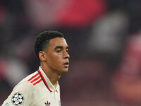 Jamal Musiala of Bayern Munich  looks on  during the Champions League Round 1 match between Bayern Munich v Dinamo Zagreb, at the Allianz Ar...