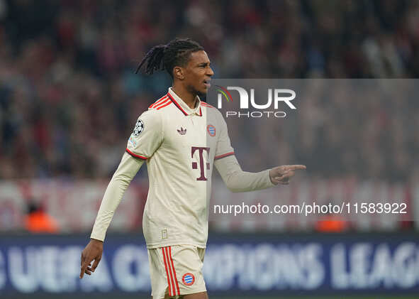 Michael Olise of Bayern Munich  gestures  during the Champions League Round 1 match between Bayern Munich v Dinamo Zagreb, at the Allianz Ar...