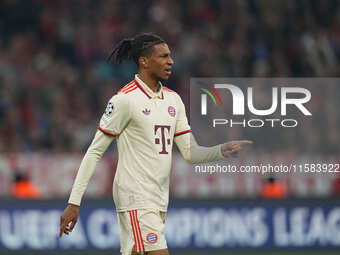 Michael Olise of Bayern Munich  gestures  during the Champions League Round 1 match between Bayern Munich v Dinamo Zagreb, at the Allianz Ar...