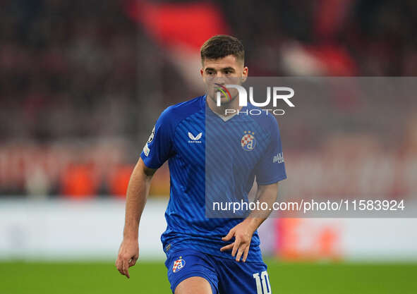 Martin Baturina of GNK Dinamo  looks on  during the Champions League Round 1 match between Bayern Munich v Dinamo Zagreb, at the Allianz Are...