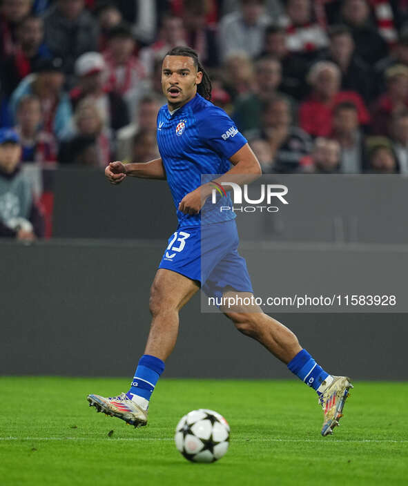 Samy Mmaee of GNK Dinamo  controls the ball  during the Champions League Round 1 match between Bayern Munich v Dinamo Zagreb, at the Allianz...