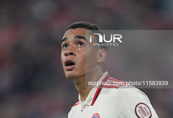 Jamal Musiala of Bayern Munich  looks on  during the Champions League Round 1 match between Bayern Munich v Dinamo Zagreb, at the Allianz Ar...