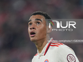 Jamal Musiala of Bayern Munich  looks on  during the Champions League Round 1 match between Bayern Munich v Dinamo Zagreb, at the Allianz Ar...