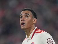 Jamal Musiala of Bayern Munich  looks on  during the Champions League Round 1 match between Bayern Munich v Dinamo Zagreb, at the Allianz Ar...