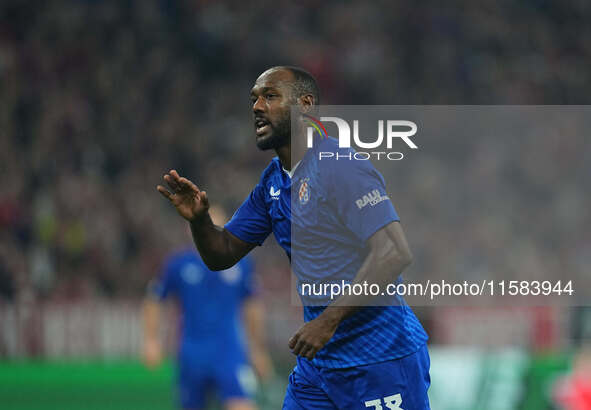 Kévin Théophile-Catherine of GNK Dinamo  looks on  during the Champions League Round 1 match between Bayern Munich v Dinamo Zagreb, at the A...