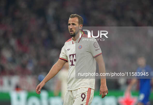 Harry Kane of Bayern Munich  looks on  during the Champions League Round 1 match between Bayern Munich v Dinamo Zagreb, at the Allianz Arena...