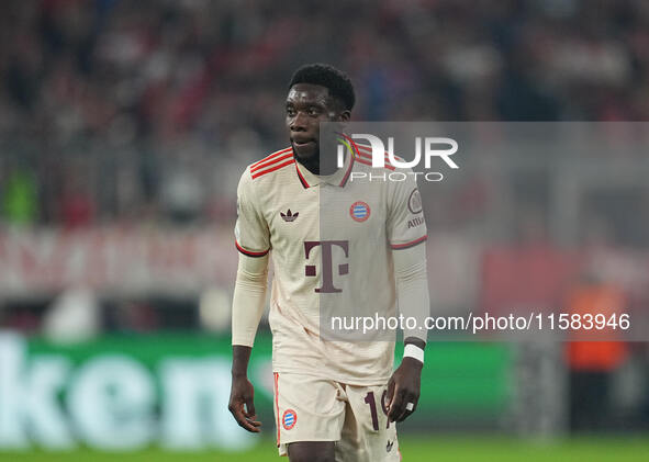 Alphonso Davies of Bayern Munich  looks on  during the Champions League Round 1 match between Bayern Munich v Dinamo Zagreb, at the Allianz...