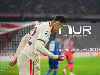 Jamal Musiala of Bayern Munich  looks on  during the Champions League Round 1 match between Bayern Munich v Dinamo Zagreb, at the Allianz Ar...