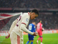 Jamal Musiala of Bayern Munich  looks on  during the Champions League Round 1 match between Bayern Munich v Dinamo Zagreb, at the Allianz Ar...