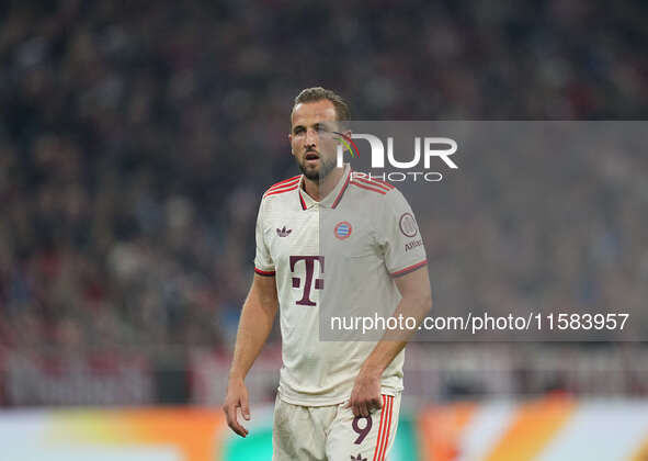 Harry Kane of Bayern Munich  looks on  during the Champions League Round 1 match between Bayern Munich v Dinamo Zagreb, at the Allianz Arena...