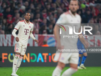 Michael Olise of Bayern Munich  looks on  during the Champions League Round 1 match between Bayern Munich v Dinamo Zagreb, at the Allianz Ar...