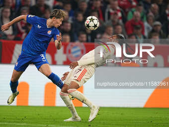 Michael Olise of Bayern Munich and Takuya Ogiwara of GNK Dinamo battle for the ball  during the Champions League Round 1 match between Bayer...