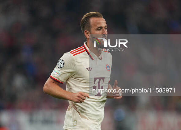 Harry Kane of Bayern Munich  looks on  during the Champions League Round 1 match between Bayern Munich v Dinamo Zagreb, at the Allianz Arena...