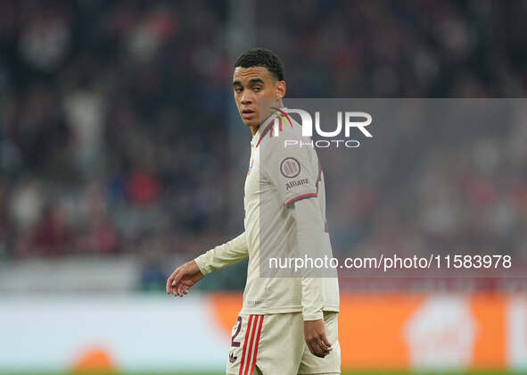 Jamal Musiala of Bayern Munich  looks on  during the Champions League Round 1 match between Bayern Munich v Dinamo Zagreb, at the Allianz Ar...