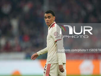 Jamal Musiala of Bayern Munich  looks on  during the Champions League Round 1 match between Bayern Munich v Dinamo Zagreb, at the Allianz Ar...