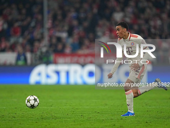 Jamal Musiala of Bayern Munich  controls the ball  during the Champions League Round 1 match between Bayern Munich v Dinamo Zagreb, at the A...