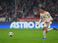 Jamal Musiala of Bayern Munich  controls the ball  during the Champions League Round 1 match between Bayern Munich v Dinamo Zagreb, at the A...