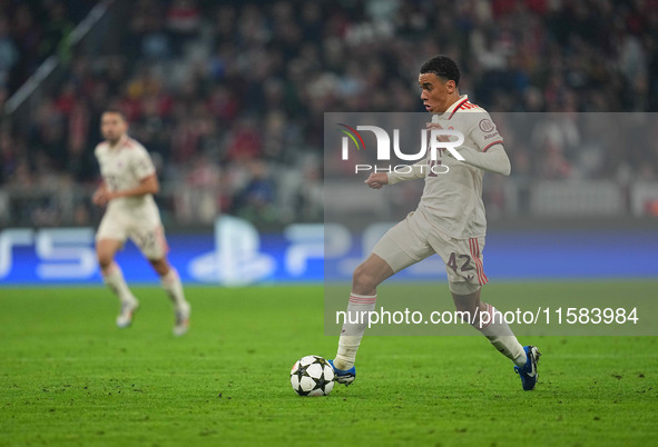 Jamal Musiala of Bayern Munich  controls the ball  during the Champions League Round 1 match between Bayern Munich v Dinamo Zagreb, at the A...