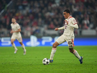 Jamal Musiala of Bayern Munich  controls the ball  during the Champions League Round 1 match between Bayern Munich v Dinamo Zagreb, at the A...