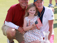 GAINESVILLE, VIRGINIA - SEPTEMBER 15: Captain Stacy Lewis of the United States poses with her husband Gerrod Chadwell and their daughter Che...