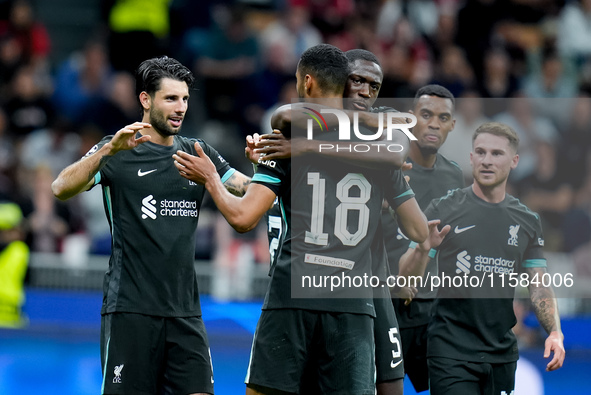 Dominik Szoboszlai of Liverpool FC celebrate after the victory of Scudetto during the UEFA Champions League 2024/25 League Phase MD1 match b...