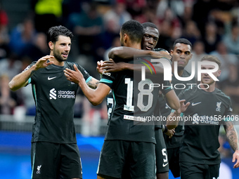 Dominik Szoboszlai of Liverpool FC celebrate after the victory of Scudetto during the UEFA Champions League 2024/25 League Phase MD1 match b...