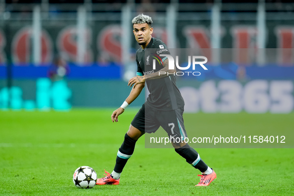 Luis Diaz of Liverpool FC during the UEFA Champions League 2024/25 League Phase MD1 match between AC Milan and Liverpool FC at Stadio San Si...