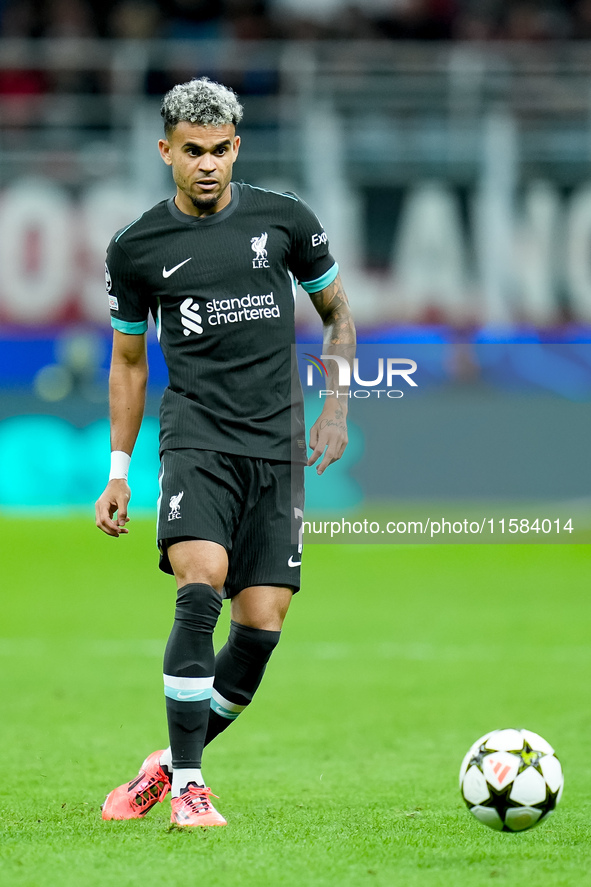 Luis Diaz of Liverpool FC during the UEFA Champions League 2024/25 League Phase MD1 match between AC Milan and Liverpool FC at Stadio San Si...