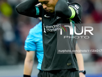 Virgil van Dijk of Liverpool FC reacts during the UEFA Champions League 2024/25 League Phase MD1 match between AC Milan and Liverpool FC at...