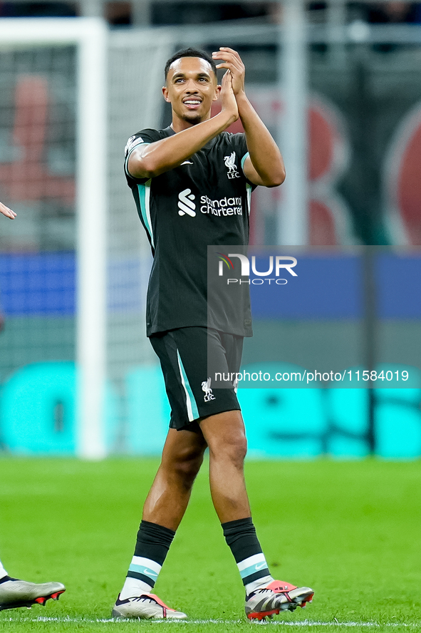 Trent Alexander-Arnold of Liverpool FC applauds during the UEFA Champions League 2024/25 League Phase MD1 match between AC Milan and Liverpo...