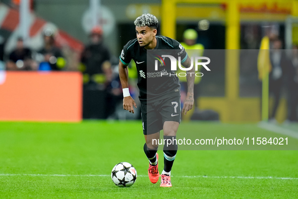 Luis Diaz of Liverpool FC during the UEFA Champions League 2024/25 League Phase MD1 match between AC Milan and Liverpool FC at Stadio San Si...