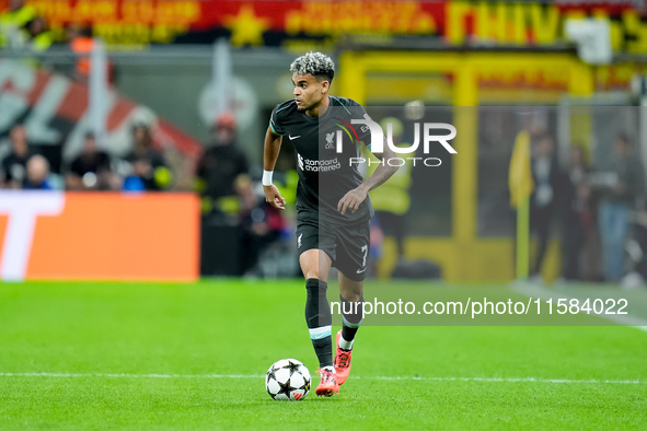 Luis Diaz of Liverpool FC during the UEFA Champions League 2024/25 League Phase MD1 match between AC Milan and Liverpool FC at Stadio San Si...