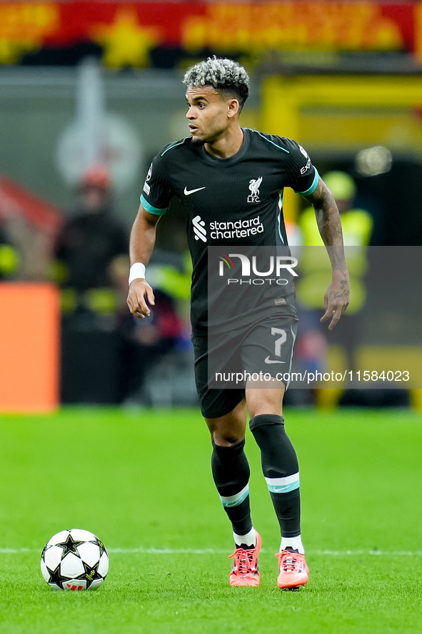 Luis Diaz of Liverpool FC during the UEFA Champions League 2024/25 League Phase MD1 match between AC Milan and Liverpool FC at Stadio San Si...