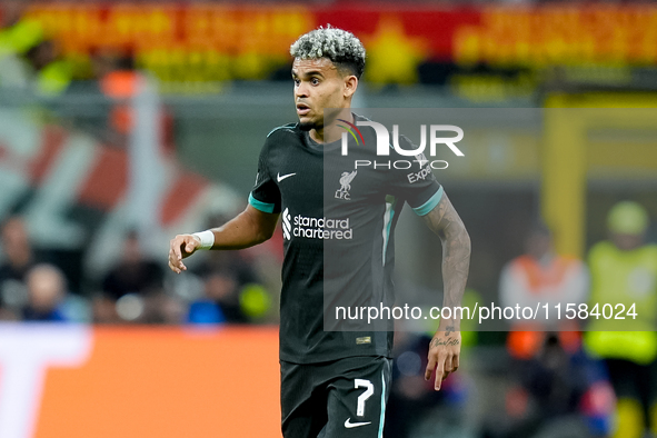 Luis Diaz of Liverpool FC during the UEFA Champions League 2024/25 League Phase MD1 match between AC Milan and Liverpool FC at Stadio San Si...