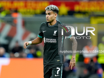 Luis Diaz of Liverpool FC during the UEFA Champions League 2024/25 League Phase MD1 match between AC Milan and Liverpool FC at Stadio San Si...