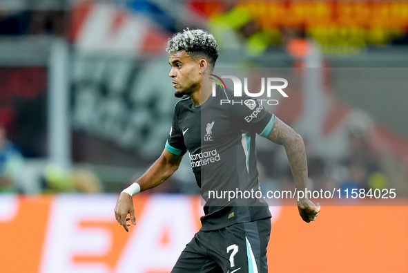 Luis Diaz of Liverpool FC during the UEFA Champions League 2024/25 League Phase MD1 match between AC Milan and Liverpool FC at Stadio San Si...