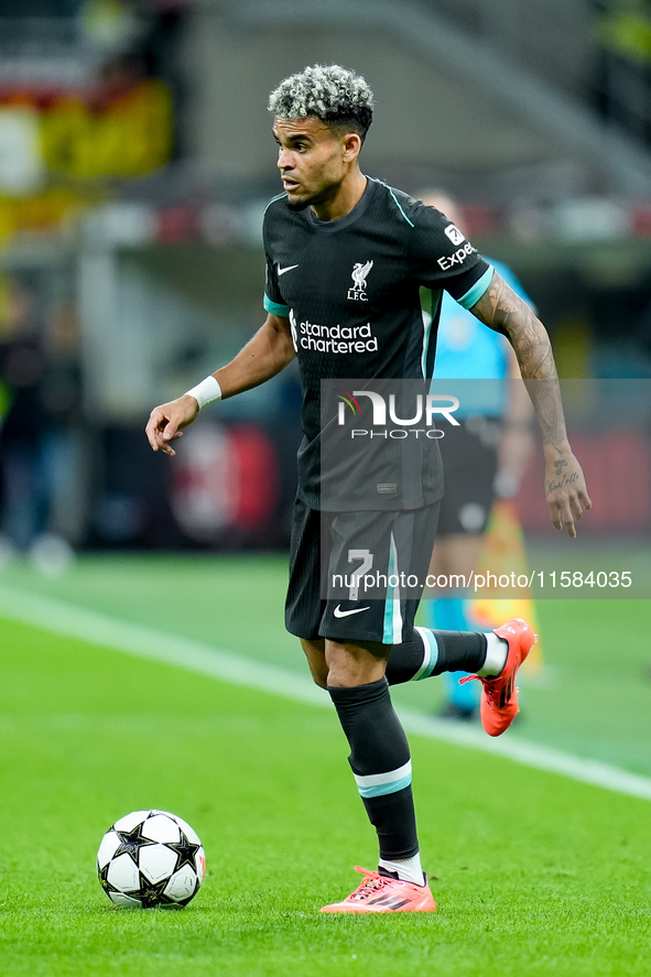 Luis Diaz of Liverpool FC during the UEFA Champions League 2024/25 League Phase MD1 match between AC Milan and Liverpool FC at Stadio San Si...