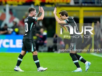 Alexis Mac Allister of Liverpool FC and Federico Chiesa of Liverpool FC during the UEFA Champions League 2024/25 League Phase MD1 match betw...