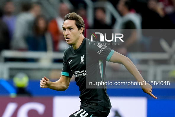 Federico Chiesa of Liverpool FC looks on during the UEFA Champions League 2024/25 League Phase MD1 match between AC Milan and Liverpool FC a...