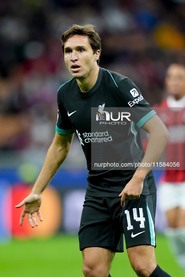 Federico Chiesa of Liverpool FC during the UEFA Champions League 2024/25 League Phase MD1 match between AC Milan and Liverpool FC at Stadio...