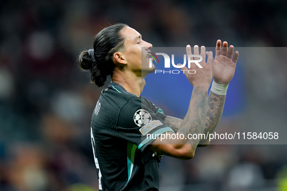 Darwin Nunez of Liverpool FC looks dejected during the UEFA Champions League 2024/25 League Phase MD1 match between AC Milan and Liverpool F...